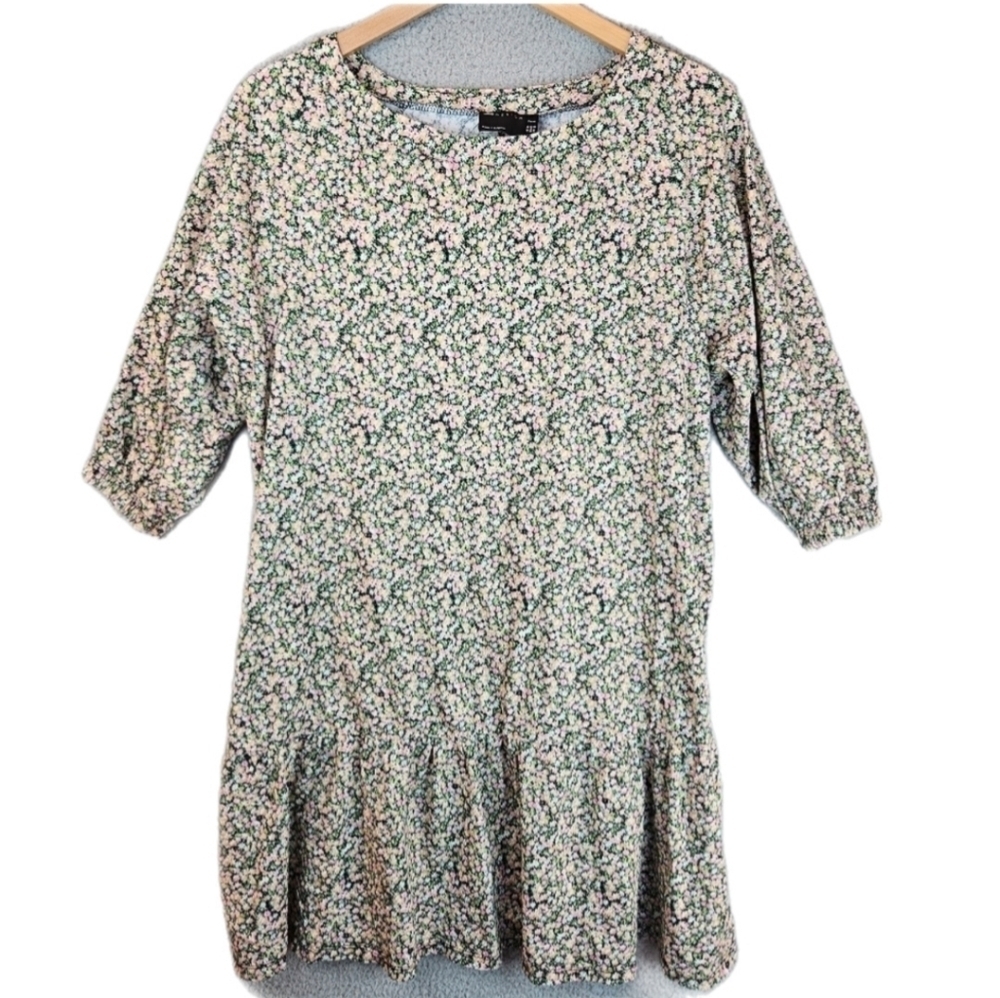 Asos Curve Dress Womens sz 12 Pink & Black Baby Doll Minimalist Ditsy Floral
